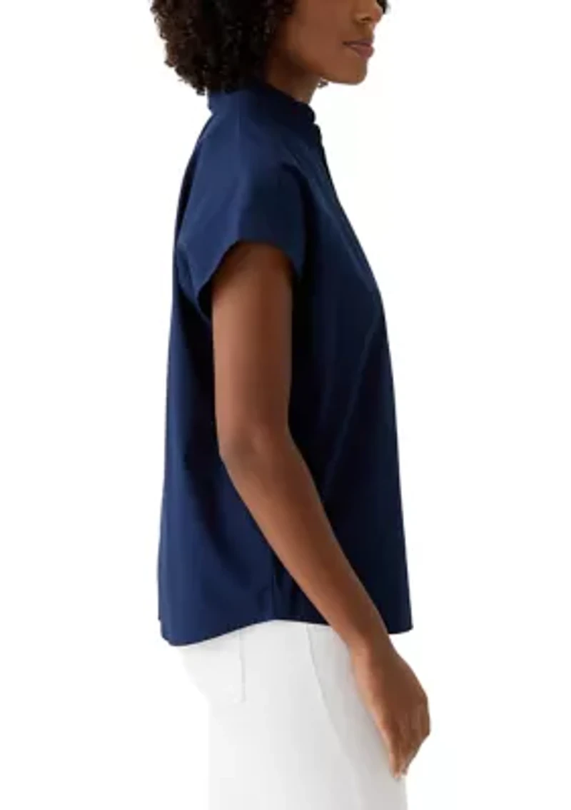 Petite Short Sleeve Dolman Ruffle Neck Top