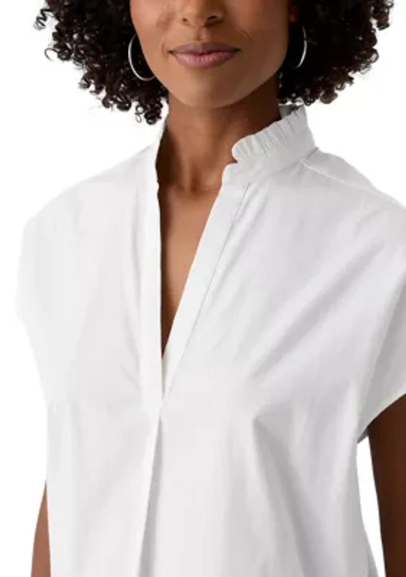 Petite Short Sleeve Dolman Ruffle Neck Top