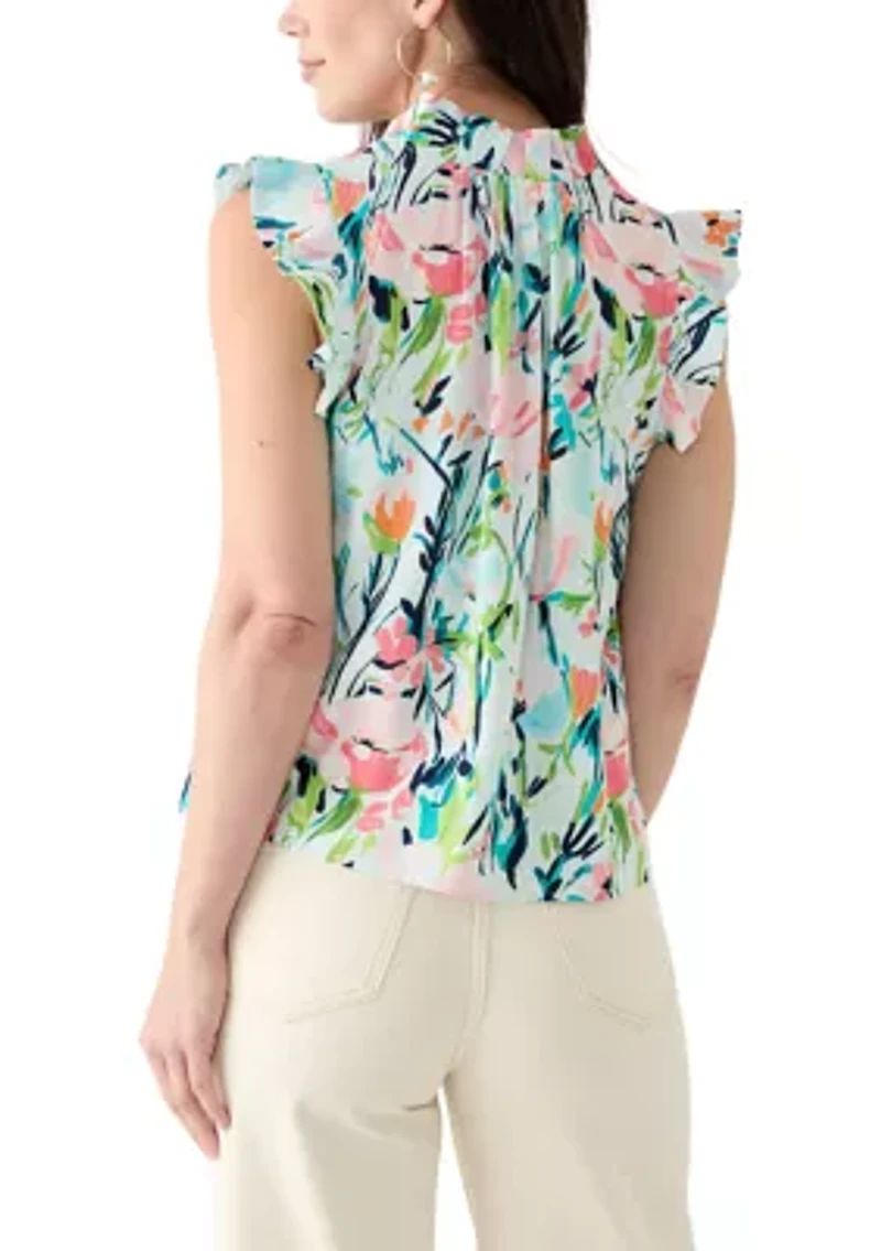 Petite Flutter Sleeve Split Neck Printed Top