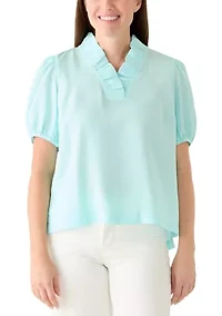 Petite Puff Sleeve Ruffle Neck Top