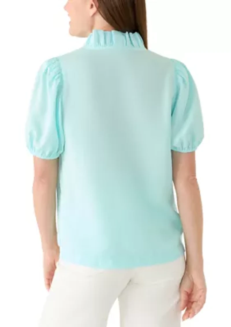 Petite Puff Sleeve Ruffle Neck Top