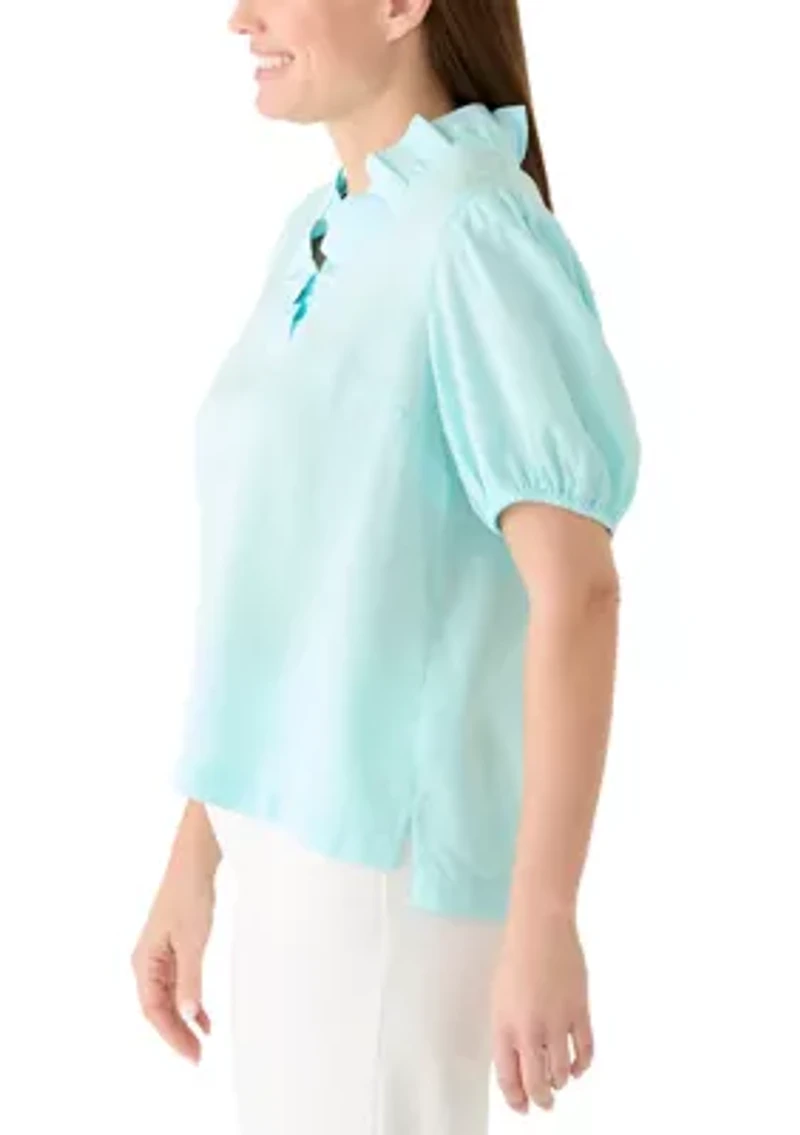 Petite Puff Sleeve Ruffle Neck Top