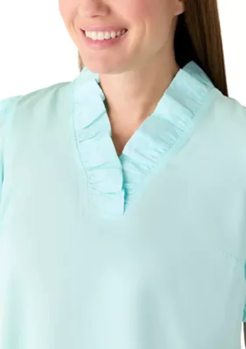 Petite Puff Sleeve Ruffle Neck Top