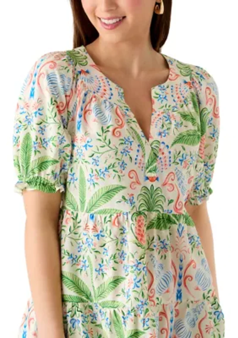 Petite Short Sleeve Printed Peasant Top