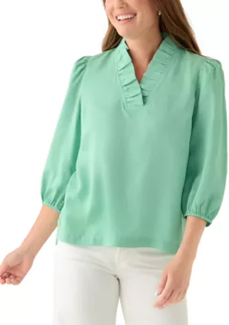 Petite 3/4 Ruffle Neck Tencel Top