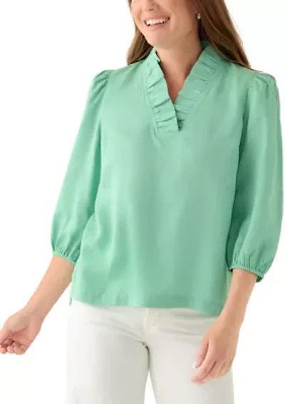 Petite 3/4 Ruffle Neck Tencel Top