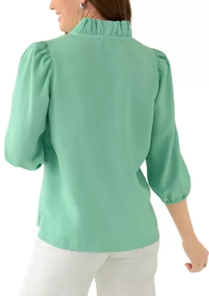 Petite 3/4 Ruffle Neck Tencel Top