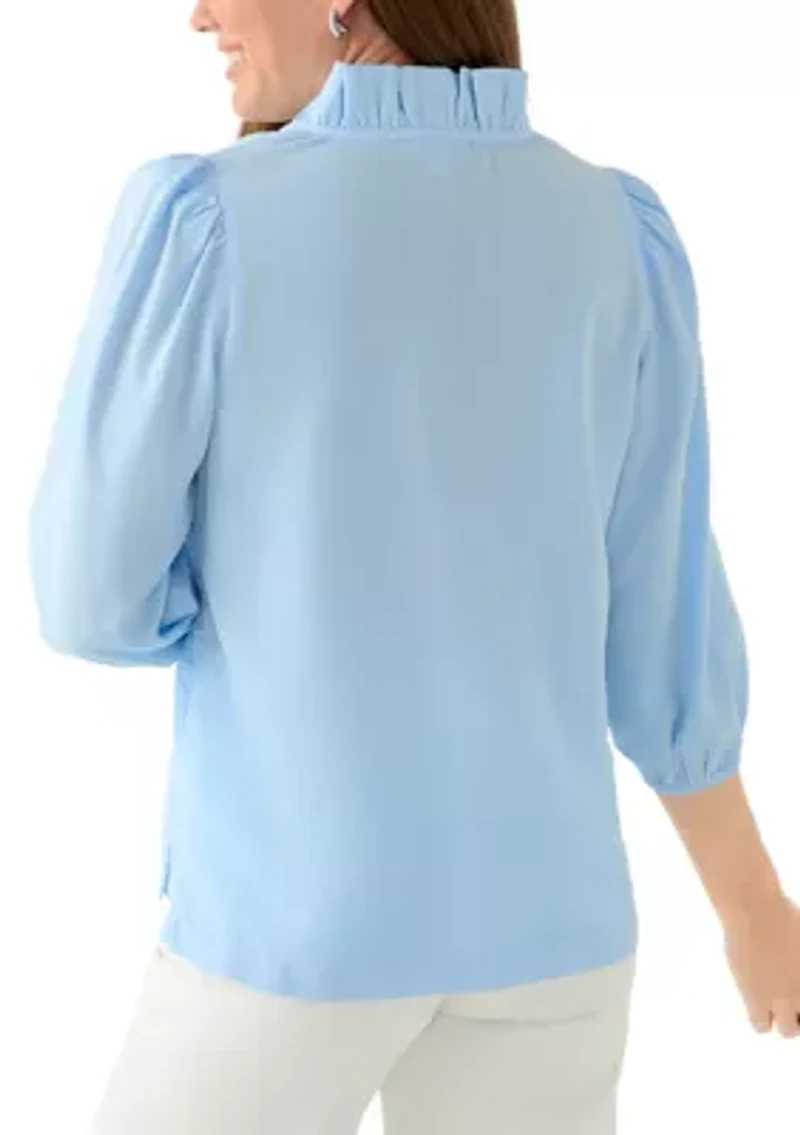 Petite 3/4 Ruffle Neck Tencel Top