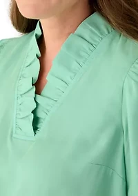 Petite 3/4 Ruffle Neck Tencel Top