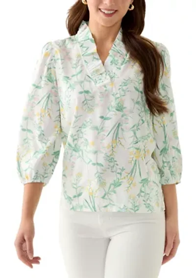 Petite 3/4 Sleeve Ruffle Neck Printed Top