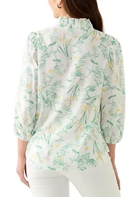 Petite 3/4 Sleeve Ruffle Neck Printed Top