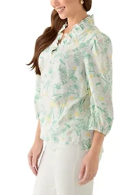 Petite 3/4 Sleeve Ruffle Neck Printed Top