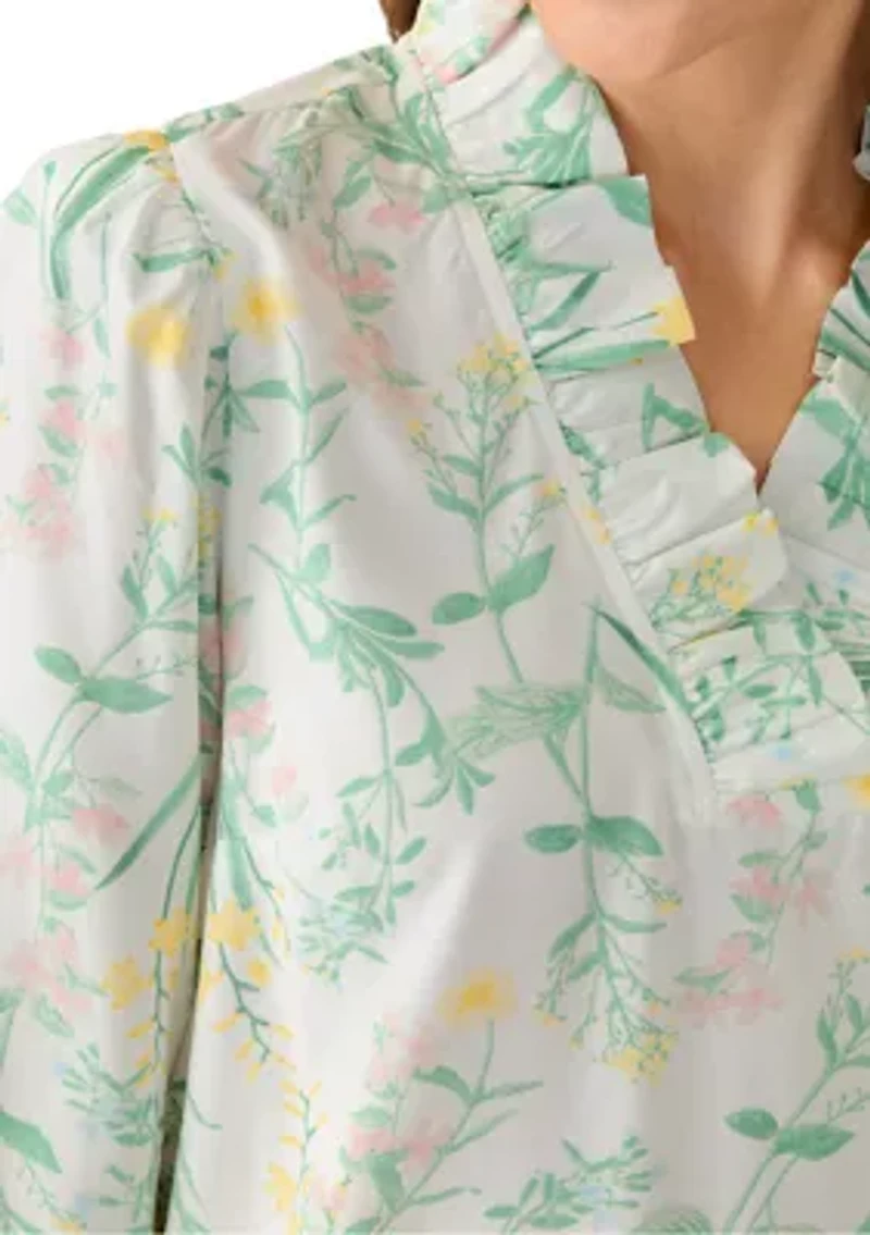 Petite 3/4 Sleeve Ruffle Neck Printed Top