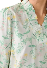 Petite 3/4 Sleeve Ruffle Neck Printed Top