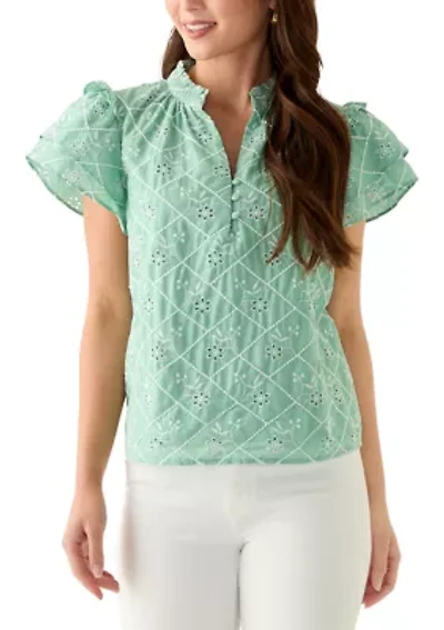 Petite Embroidered Double Flutter Sleeve Blouse