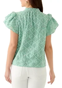 Petite Embroidered Double Flutter Sleeve Blouse