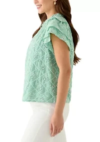Petite Embroidered Double Flutter Sleeve Blouse