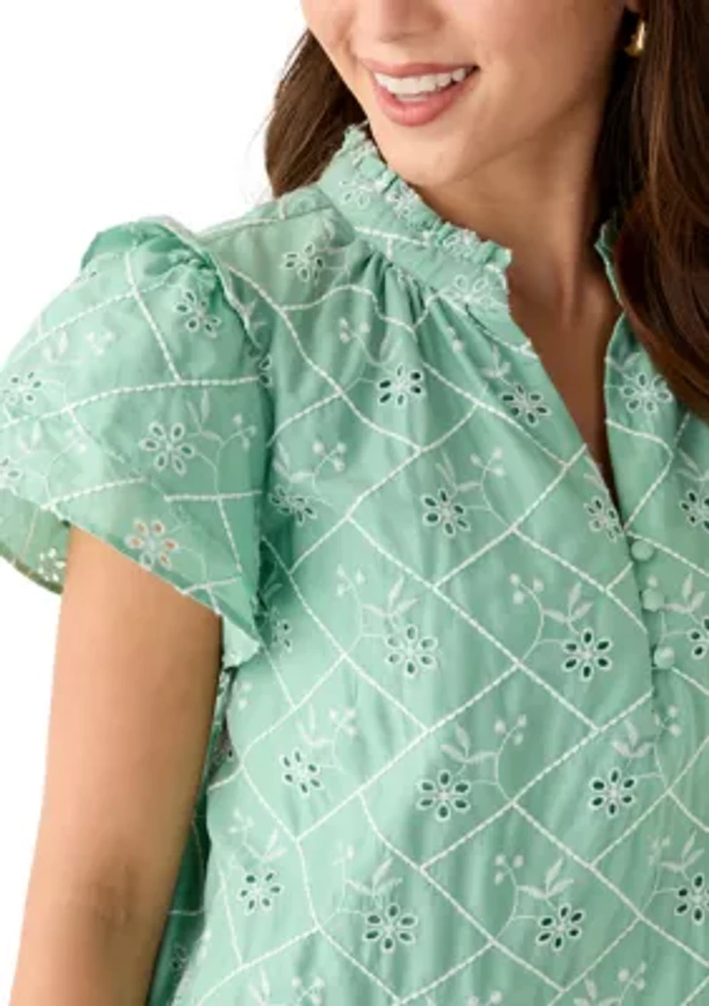 Petite Embroidered Double Flutter Sleeve Blouse