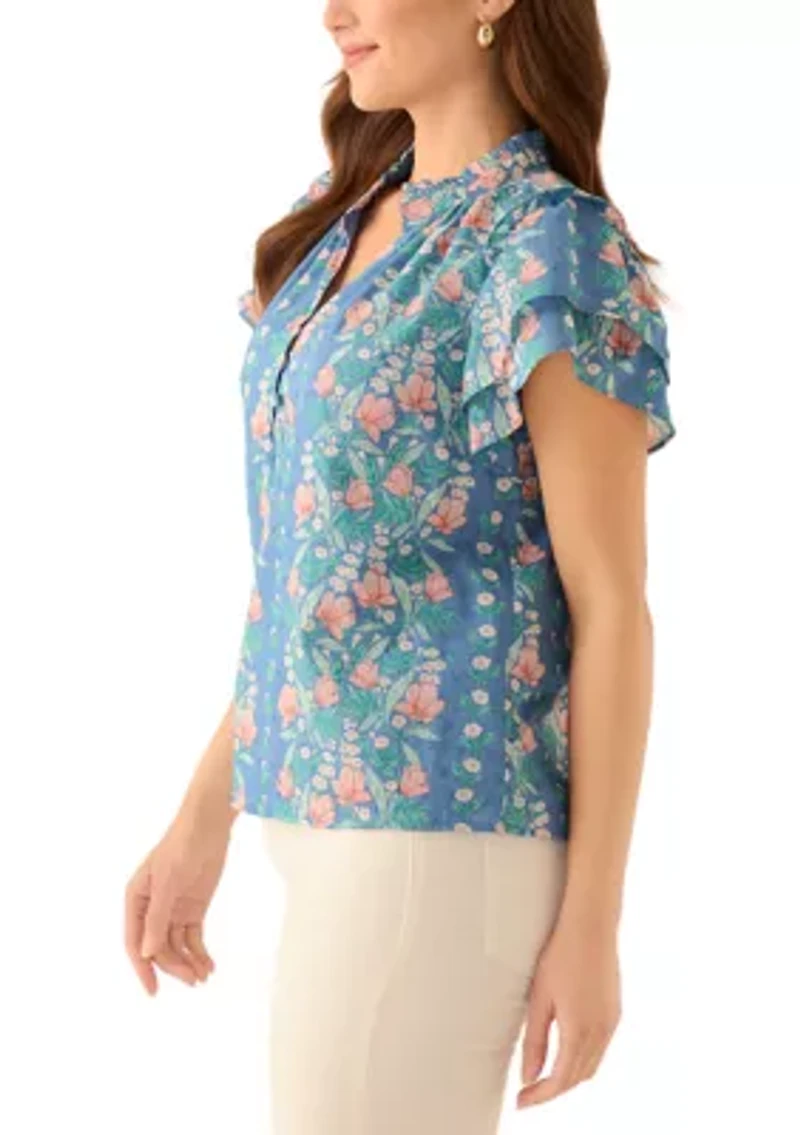 Petite Double Flutter Printed Blouse