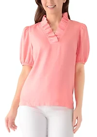 Petite Short Sleeve Ruffle Neck Top
