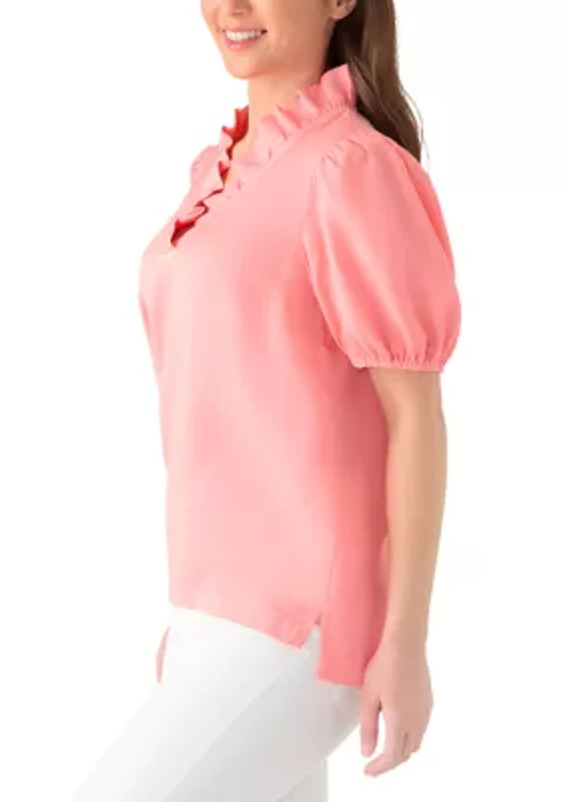 Petite Short Sleeve Ruffle Neck Top