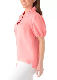 Petite Short Sleeve Ruffle Neck Top