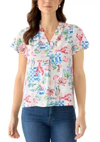 Petite Flutter Sleeve Ruffle Neck Top