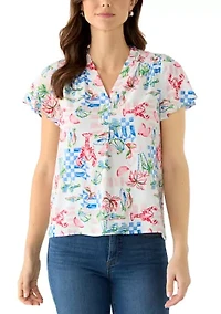 Petite Flutter Sleeve Ruffle Neck Top