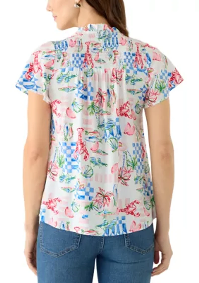 Petite Flutter Sleeve Ruffle Neck Top