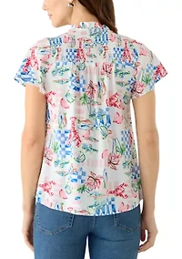 Petite Flutter Sleeve Ruffle Neck Top