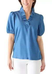 Petite Short Sleeve Chambray Ruffle Neck Top