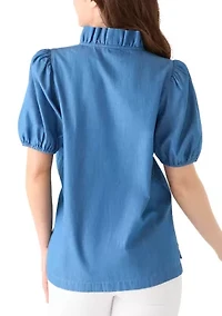 Petite Short Sleeve Chambray Ruffle Neck Top