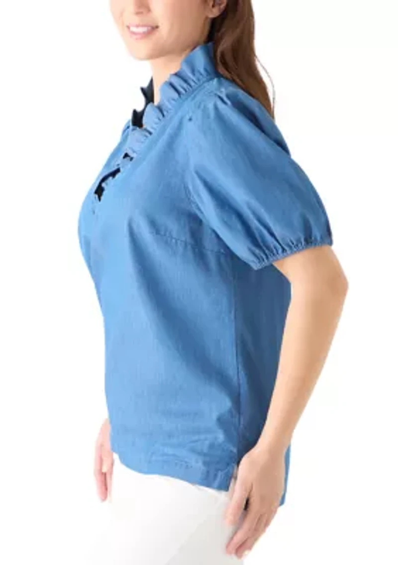 Petite Short Sleeve Chambray Ruffle Neck Top