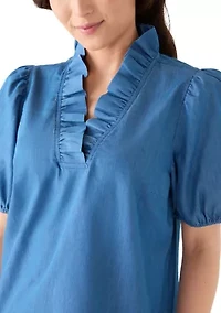 Petite Short Sleeve Chambray Ruffle Neck Top