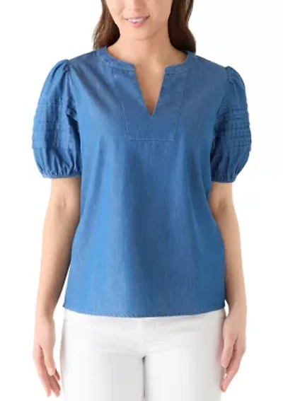 Petite Short Sleeve Notch Neck Top
