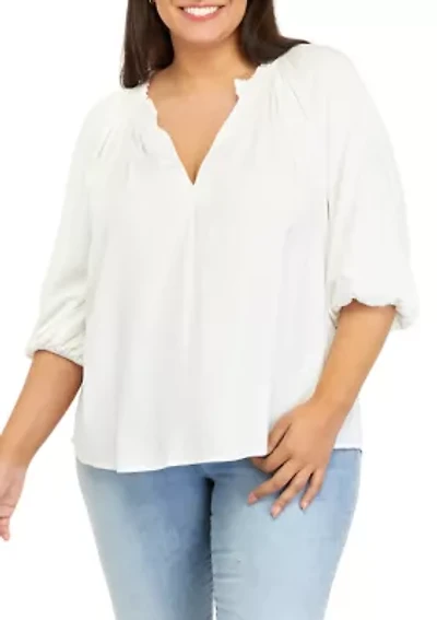Plus 3/4 Sleeve Ruffe Neck Peasant Top