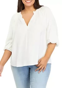 Plus 3/4 Sleeve Ruffe Neck Peasant Top