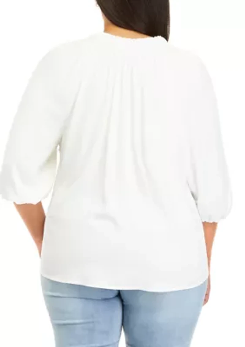 Plus 3/4 Sleeve Ruffe Neck Peasant Top