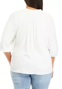 Plus 3/4 Sleeve Ruffe Neck Peasant Top