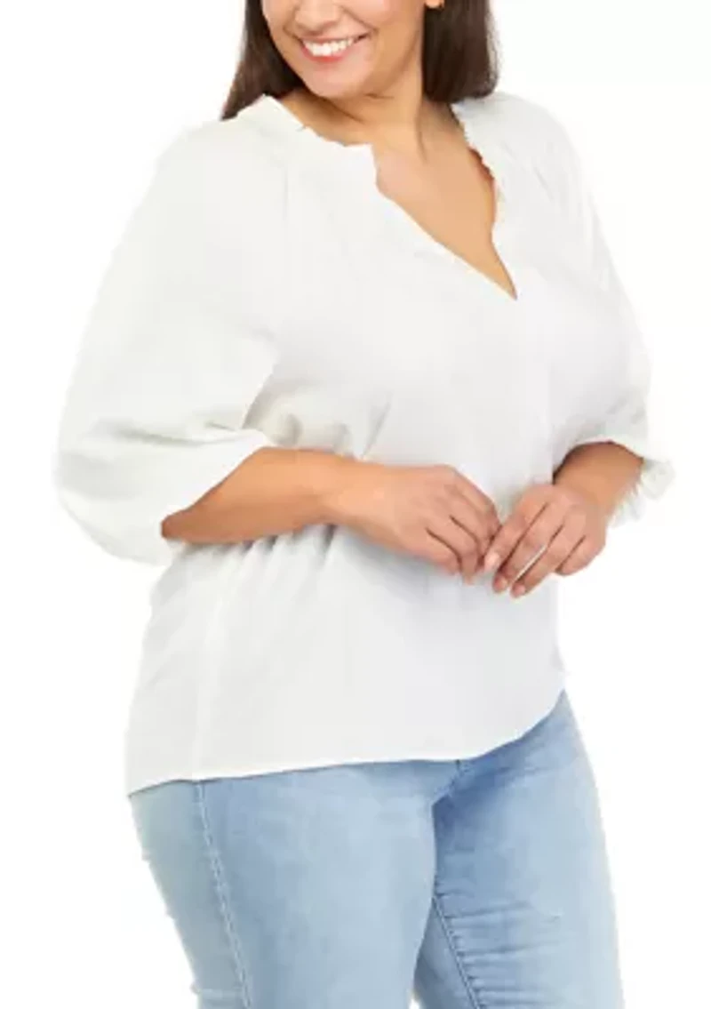Plus 3/4 Sleeve Ruffe Neck Peasant Top