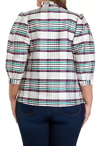 Plus 3/4 Sleeve Ruffle Split Neck Top