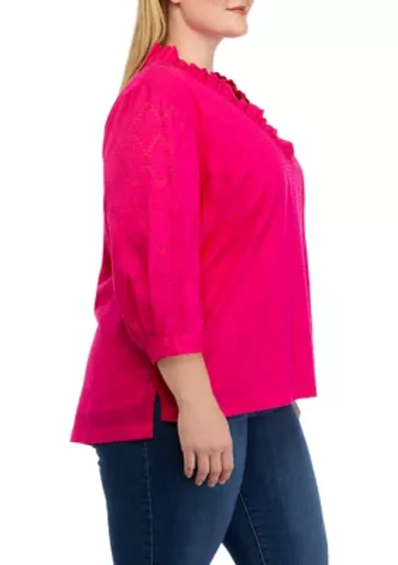 Plus Ruffle V-Neck Textured Top