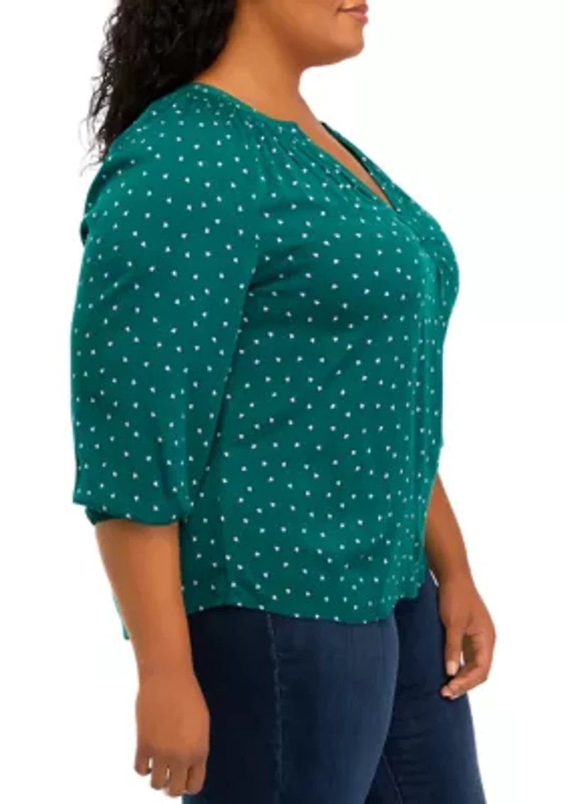 Plus Puff Sleeve Printed Peasant Top