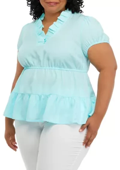 Plus Solid Ruffle Peasant Top