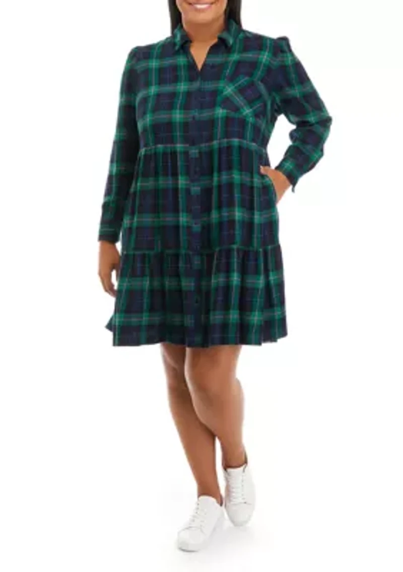 Plus Long Sleeve Printed Shirt Dress