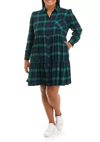 Plus Long Sleeve Printed Shirt Dress
