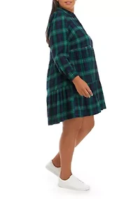 Plus Long Sleeve Printed Shirt Dress