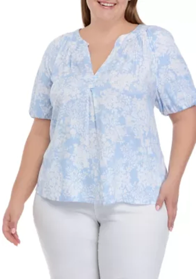 Plus Elbow Sleeve Printed Peasant Top