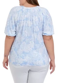 Plus Elbow Sleeve Printed Peasant Top