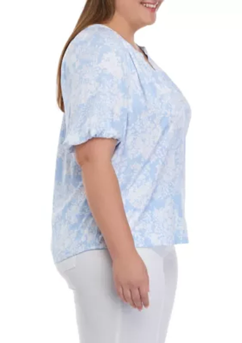 Plus Elbow Sleeve Printed Peasant Top